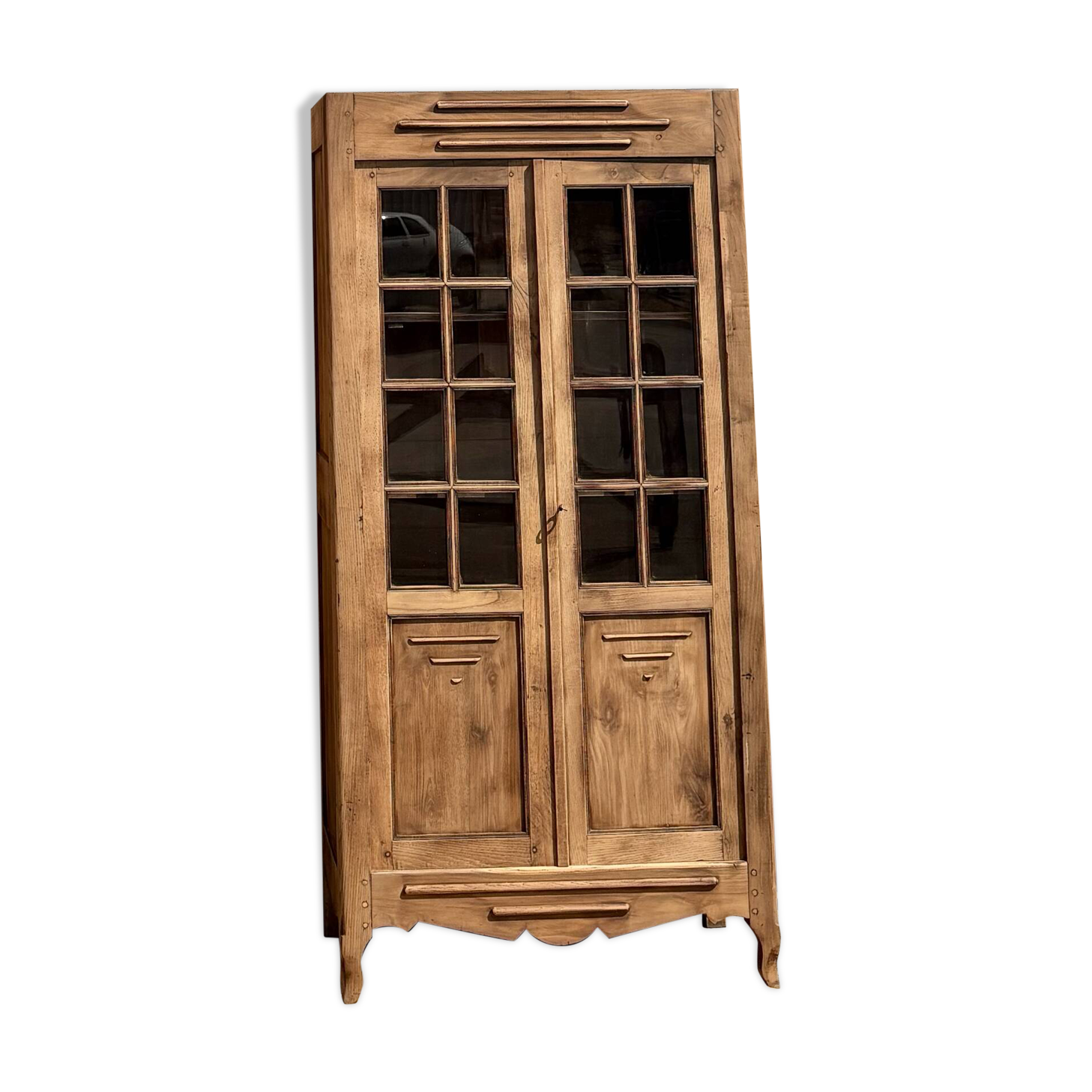 Antique glass-fronted cabinet in raw solid oak: display cabinet bookshelf.