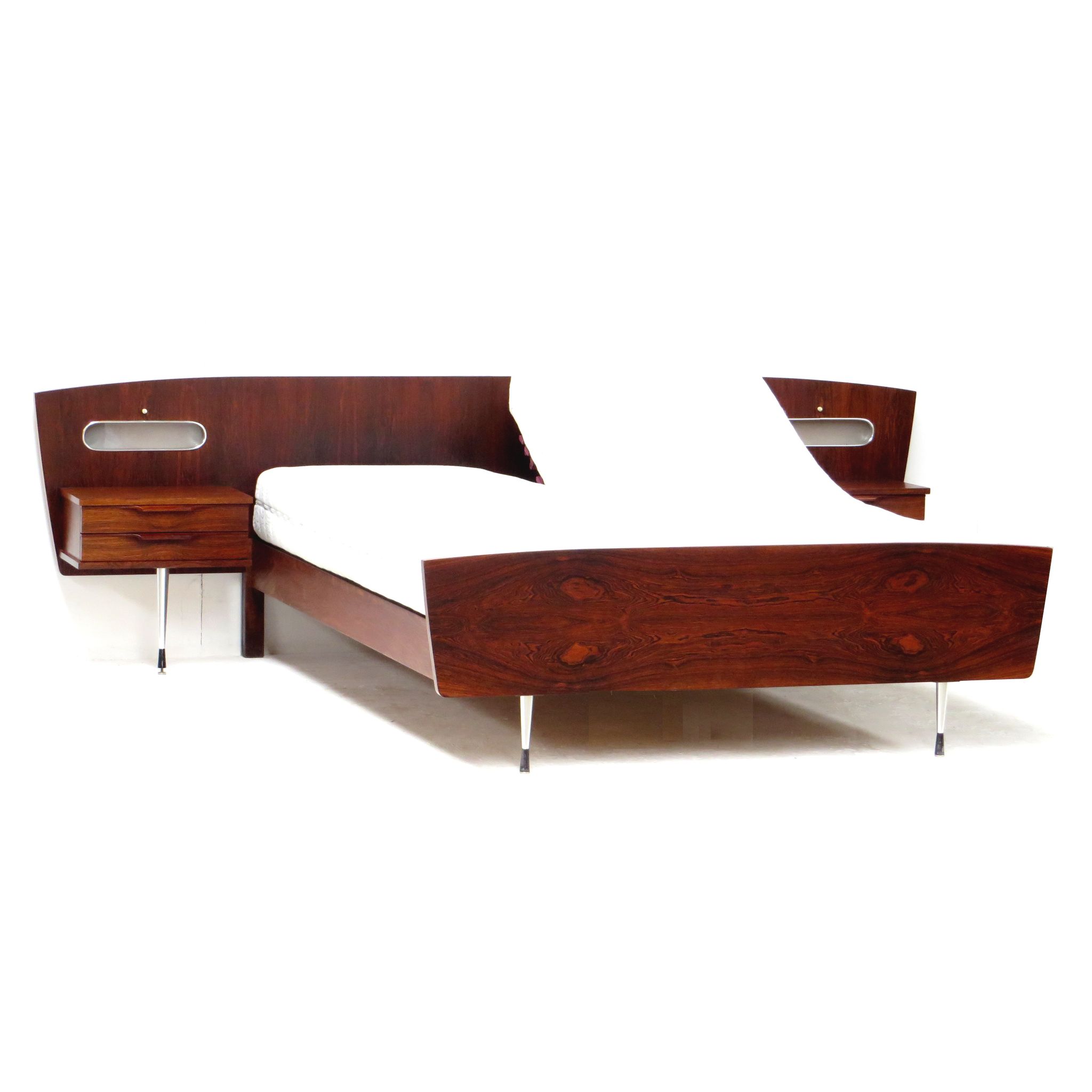 Mid century modern double bed with nightstands made of high quality rio rosewood, 1960s