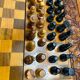 Chess and backgammon set in carved wood and marquetry