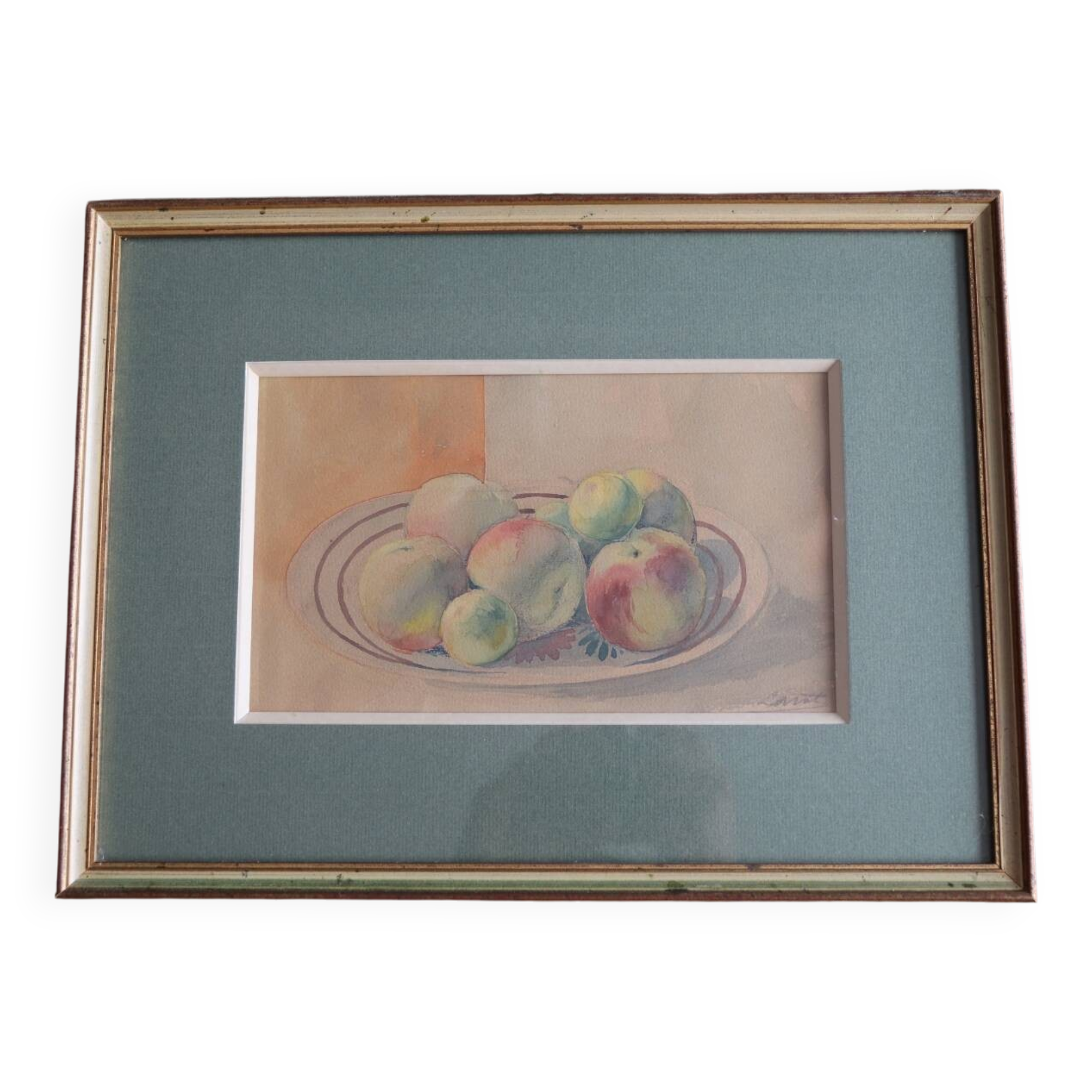 Framed watercolor - Still life with fruit (signed Lenot, 1945)