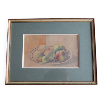 Aquarelle encadrée, Nature morte aux fruits signée Lenot, 1945