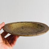 3 rustic stoneware plates, brown and beige speckled finish.