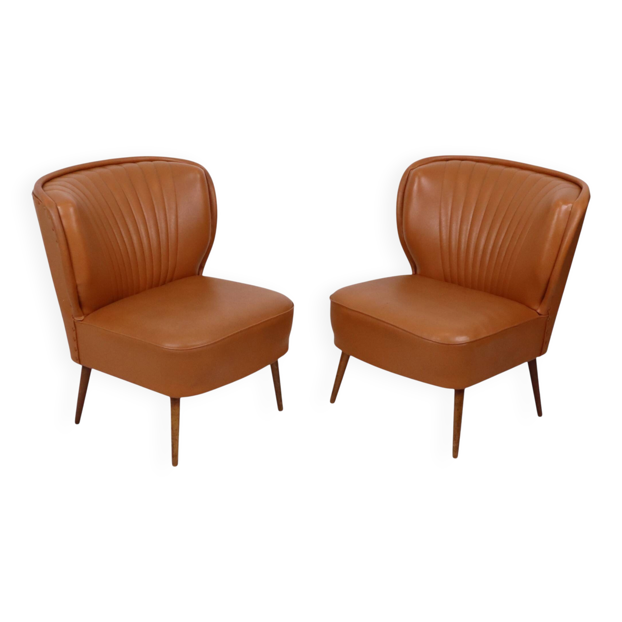 Pair of Vintage Expo 58 Cocktail Chairs, Cognac Faux Leather, Sixties