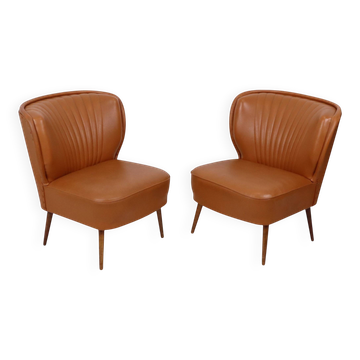 Pair of Vintage Expo 58 Cocktail Chairs, Cognac Faux Leather, Sixties