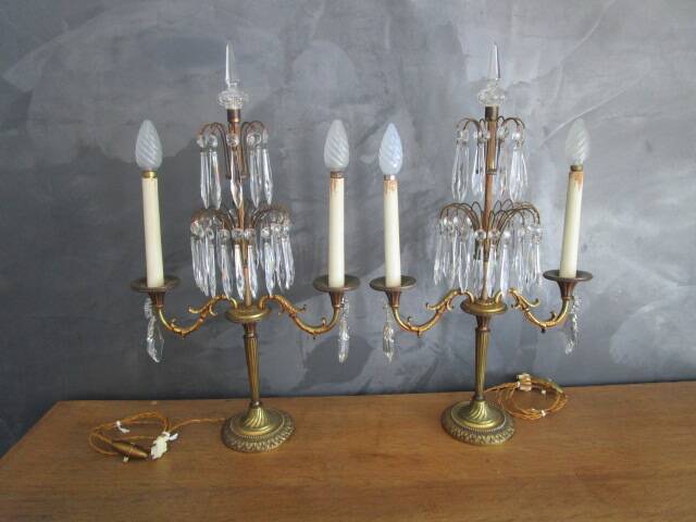 Pair of antique bronze and crystal candelabras - electrified