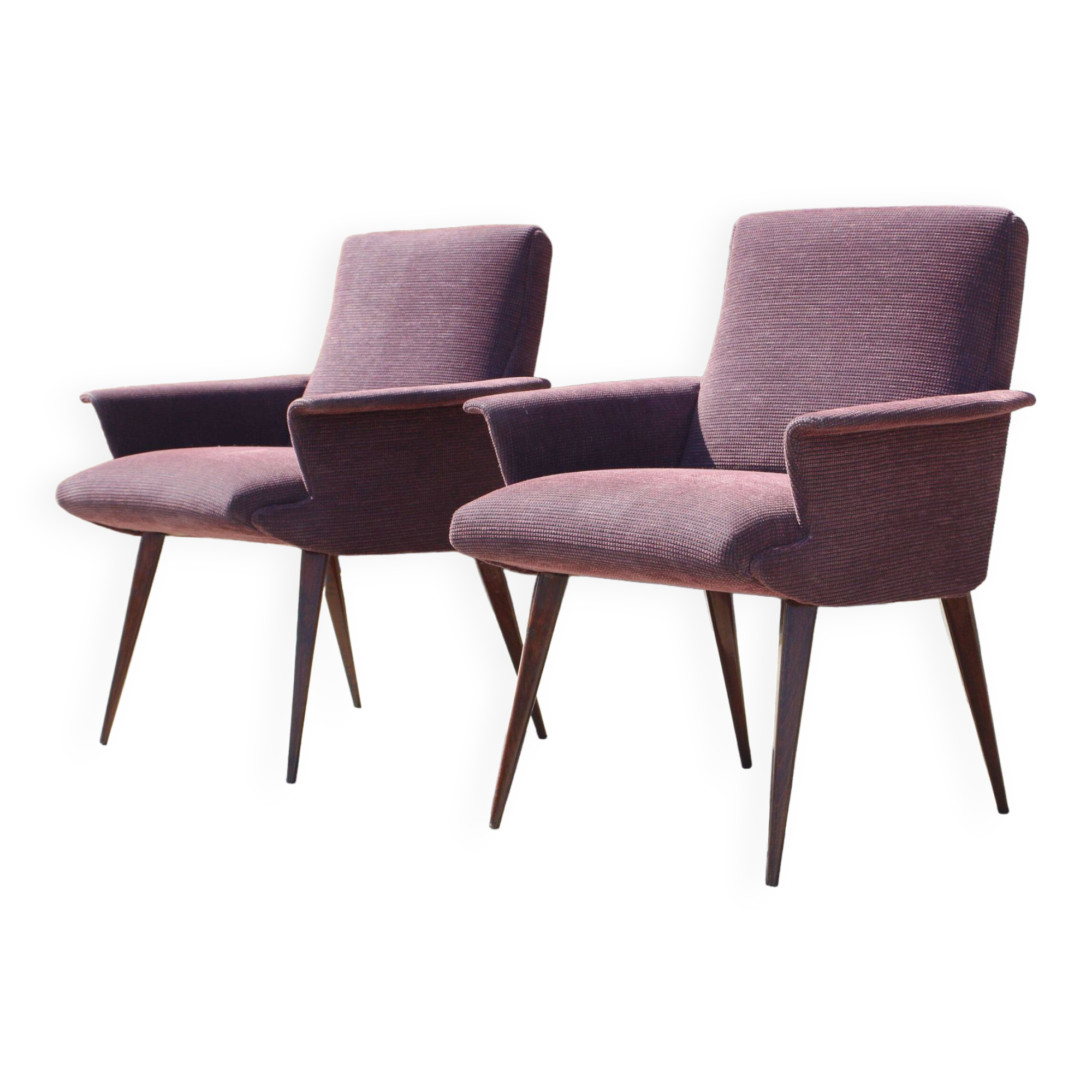 Pair of vintage purple velvet compass foot armchairs 1950s