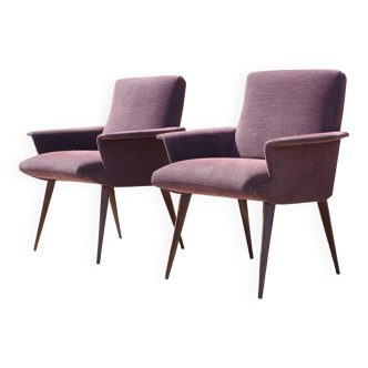 Pair of vintage purple velvet compass foot armchairs 1950s