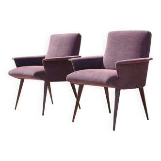 Paire de fauteuils vintage pied compas velours violet 1950s