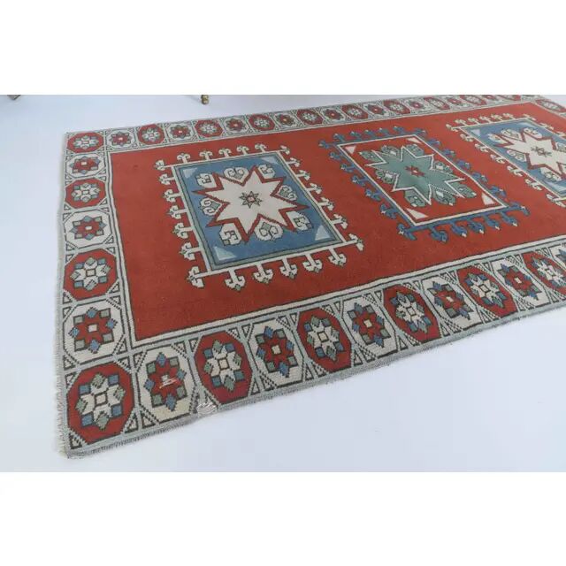 Vintage Turkish Hand-Knotted Wool Cotton Red Runner 110x193