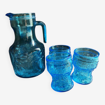 Pichet/carafe et 3 verres bleus Fidenza Vetraria Italy vintage années 1950