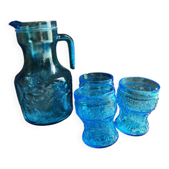 Pitcher/carafe and 3 blue glasses Fidenza Vetraria Italy vintage 1950s