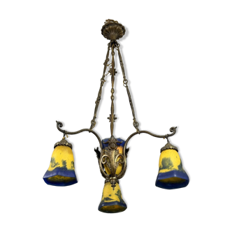 After Muller: Art Nouveau bronze and glass paste chandelier