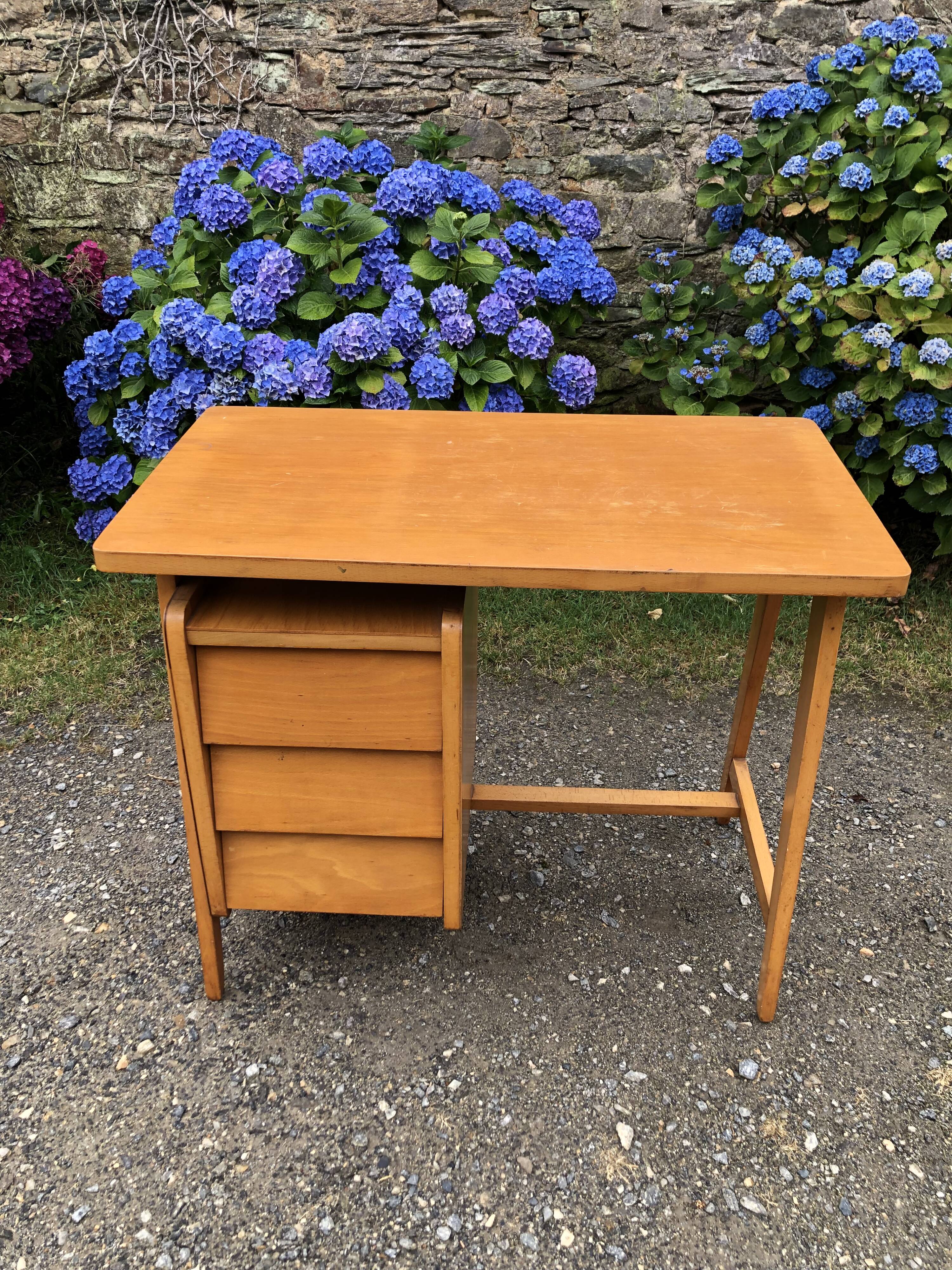 Vintage desk with beech compass legs with 3 drawers.