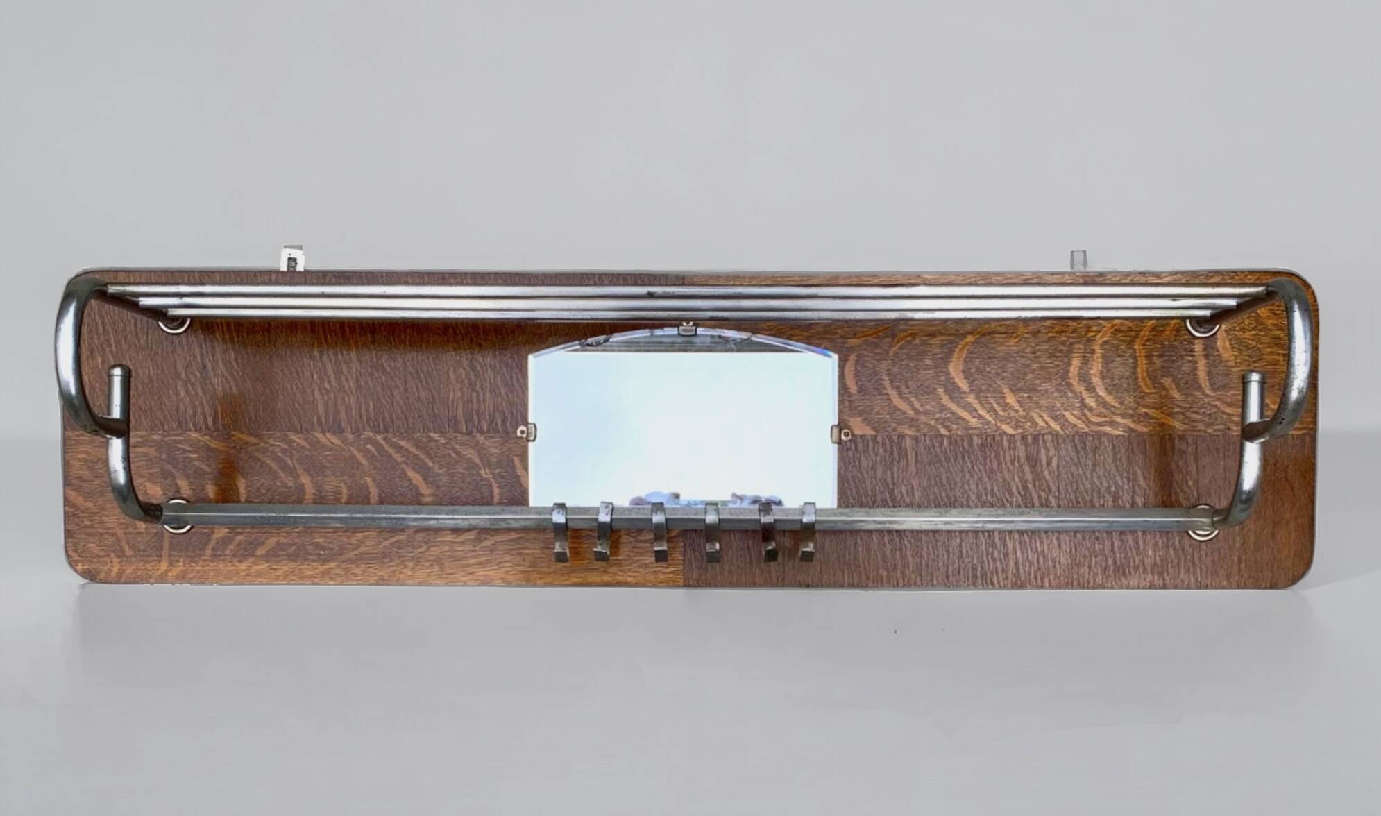 Large Art Deco wall-mounted coat rack in wood and chrome metal with mirror