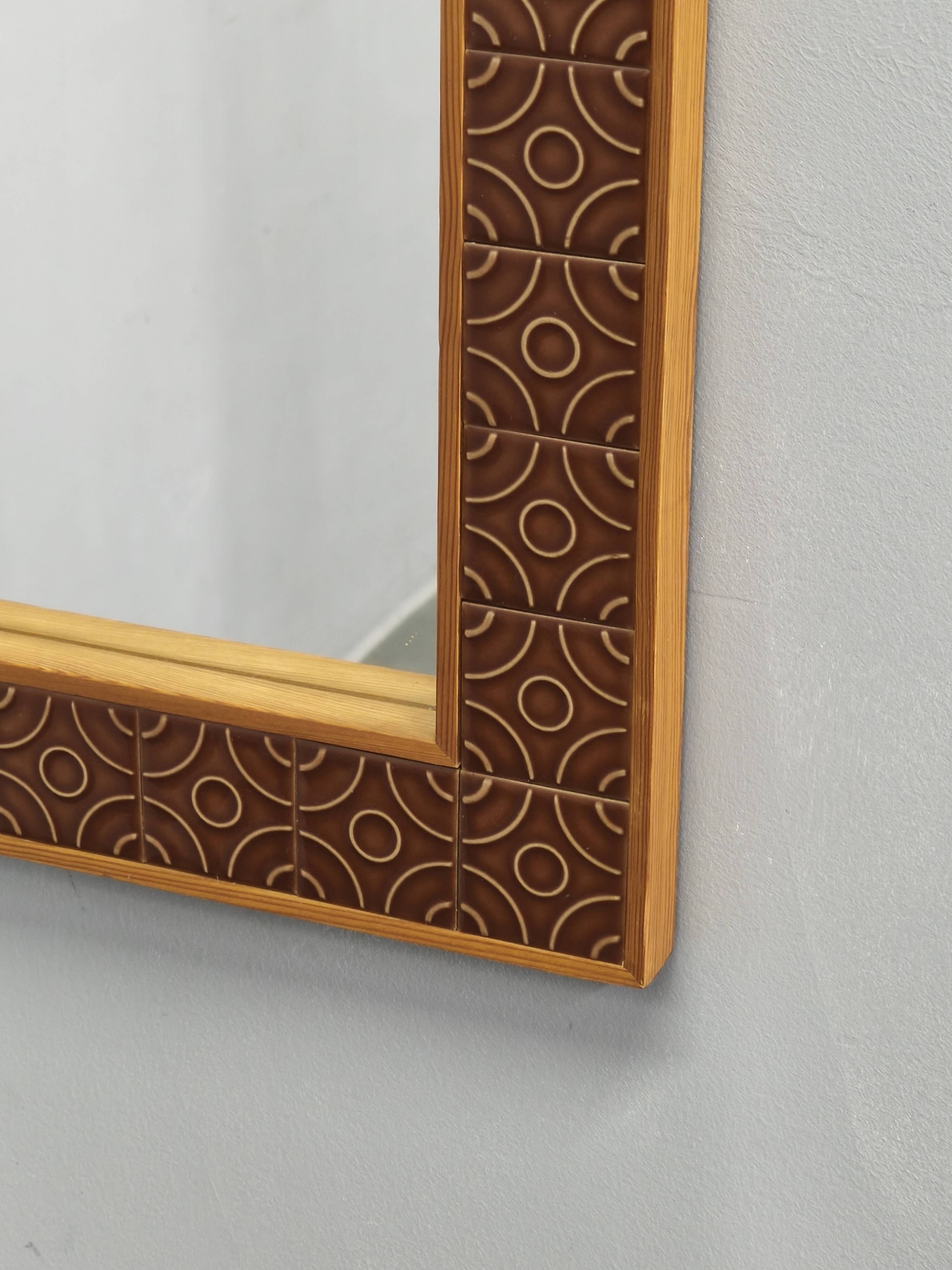 Danish Pine and Ceramic Tile Wall Mirror, 1960s