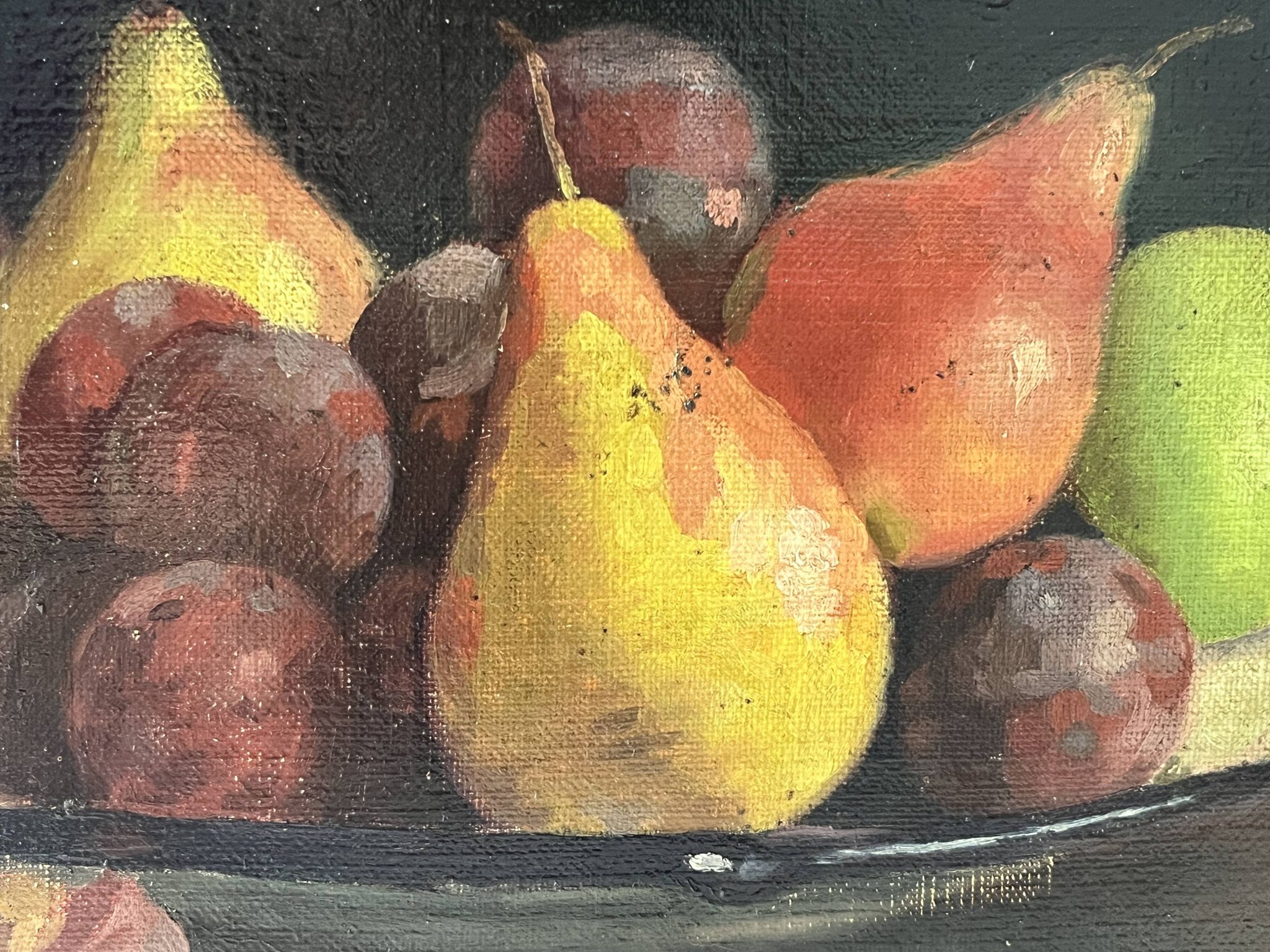 Oil on canvas of a still life with pears 1911, antique framed painting