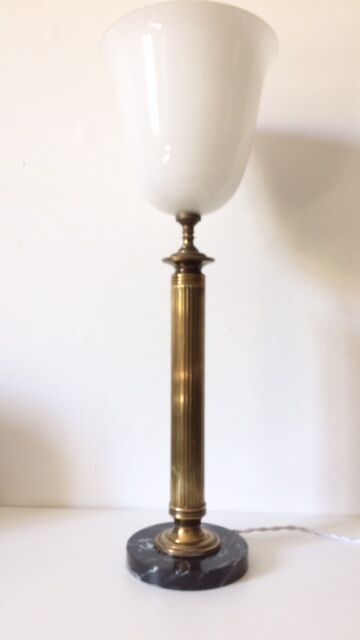 Neo-classical bronze lamp, opaline vasque, 1950