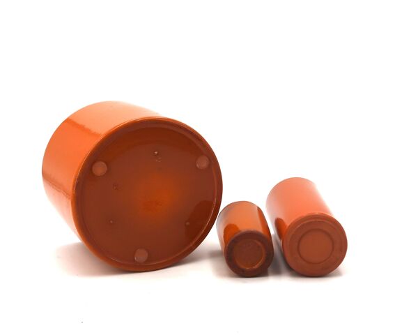 3 vases cylindriques rouleau en céramique orange, années 70