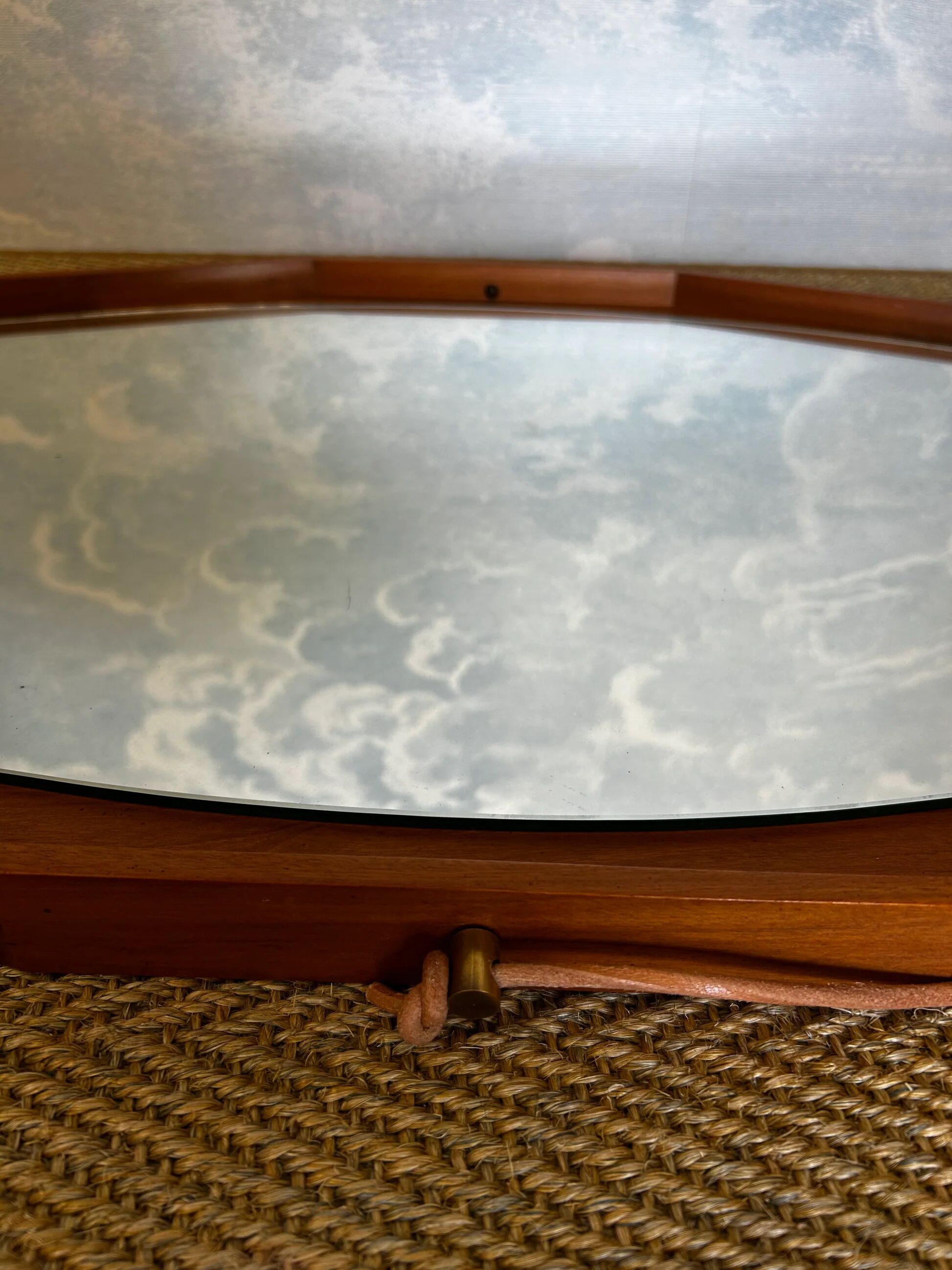 Wall mirror with brass detail and leather mounting, Vetreria Andreini, Ravenna, Italy, 1950s
