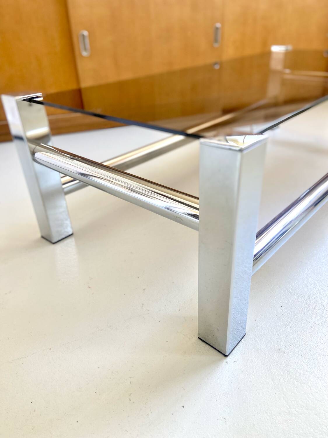 Vintage chrome metal table / smoked glass 1970