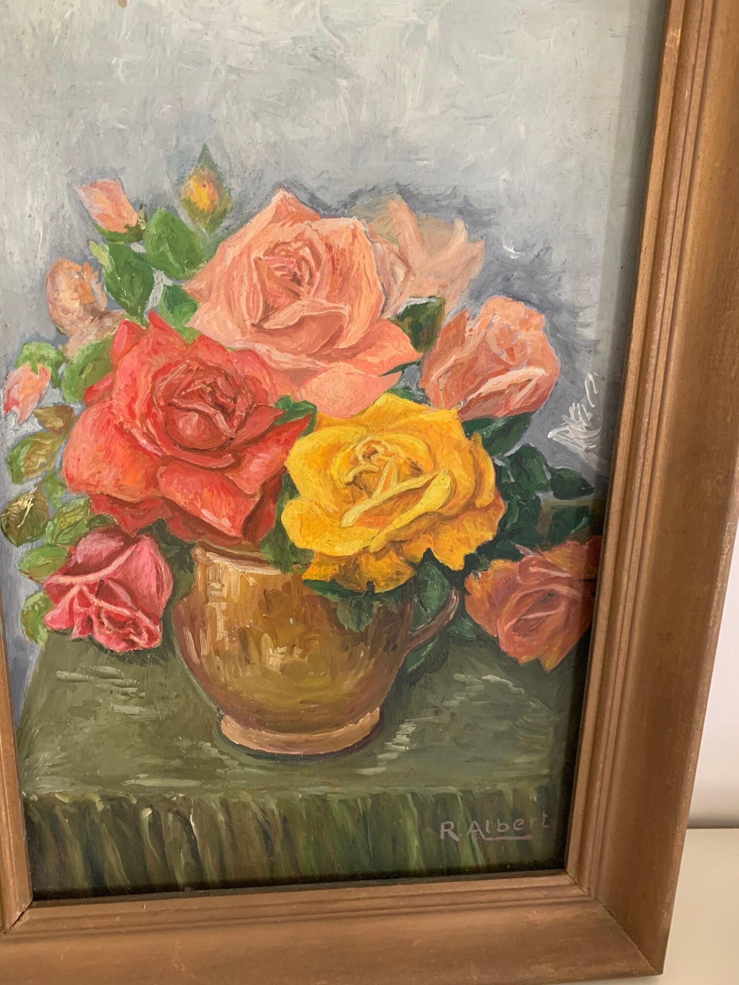 Painting on framed wood panel the bouquet of roses signed and vintage