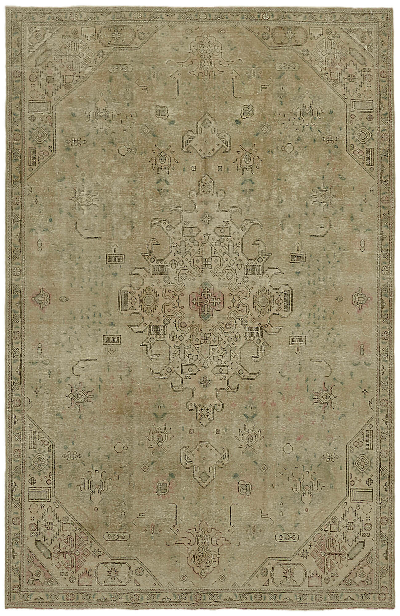 Hand-Knotted Anatolian Vintage 1970s 224 cm x 338 cm Beige Wool Carpet