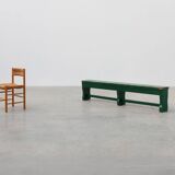 Rustic primitive green farmhouse bench in solid oak, France ca. 1900