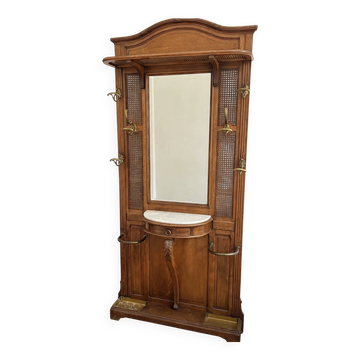 Vestiaire, portemanteau ancien Art nouveau en chêne, marbre et cannage, 1900