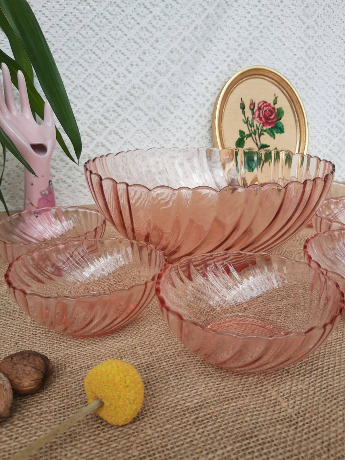 Set of salad bowls and 6 twisted glass bowls Rosaline Arcoroc vintage