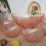 Ensemble saladier et 6 coupelles verre torsadé rosaline Arcoroc vintage