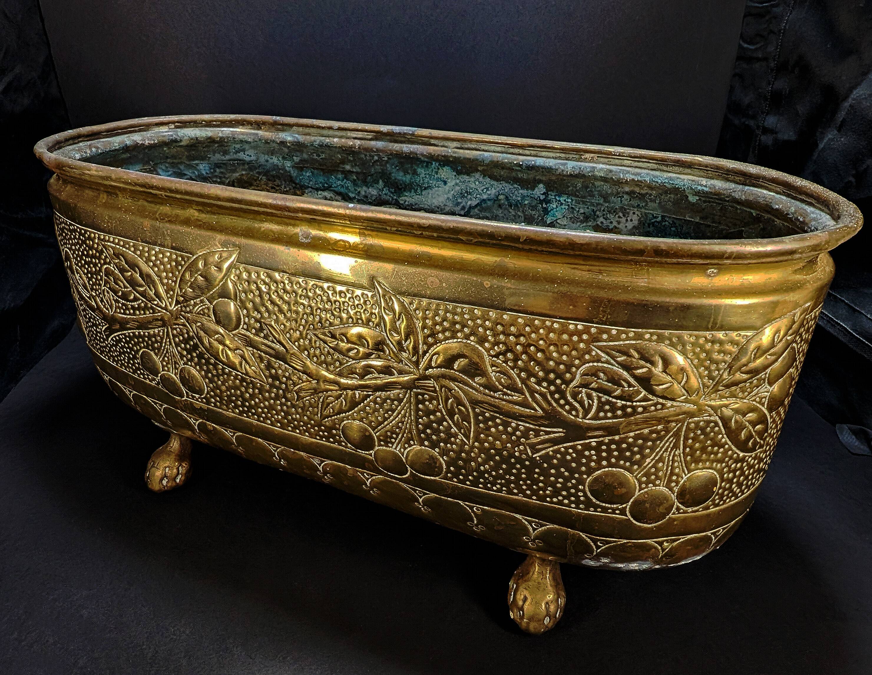 Antique Brass Jardinière – Repoussé Cherry & Leaf Décor – c.1900