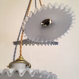 Pair of white opaline hanging with transparent serrated edges