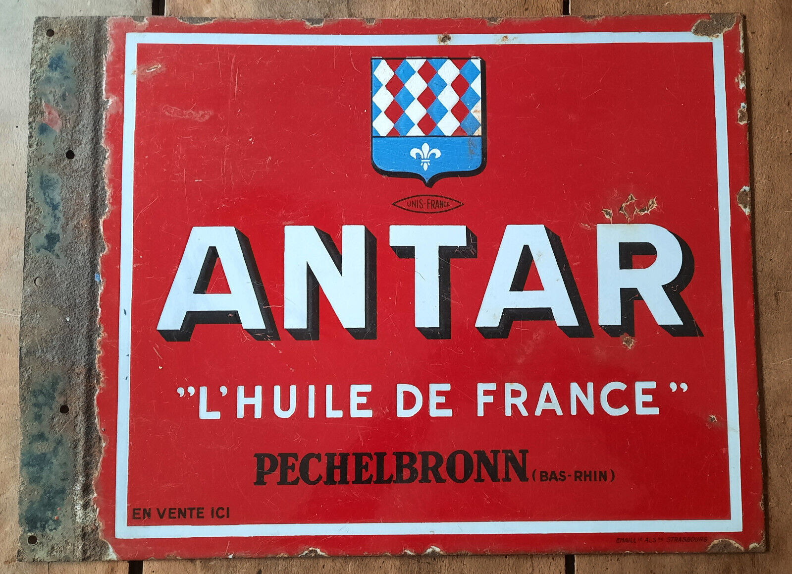 Old enamelled plate "antar l'huile de france" 45x54cm 1950