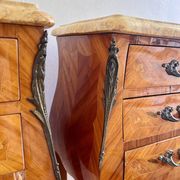 Pair of French rosewood bedside tables, Louis XV marquetry nightstands.