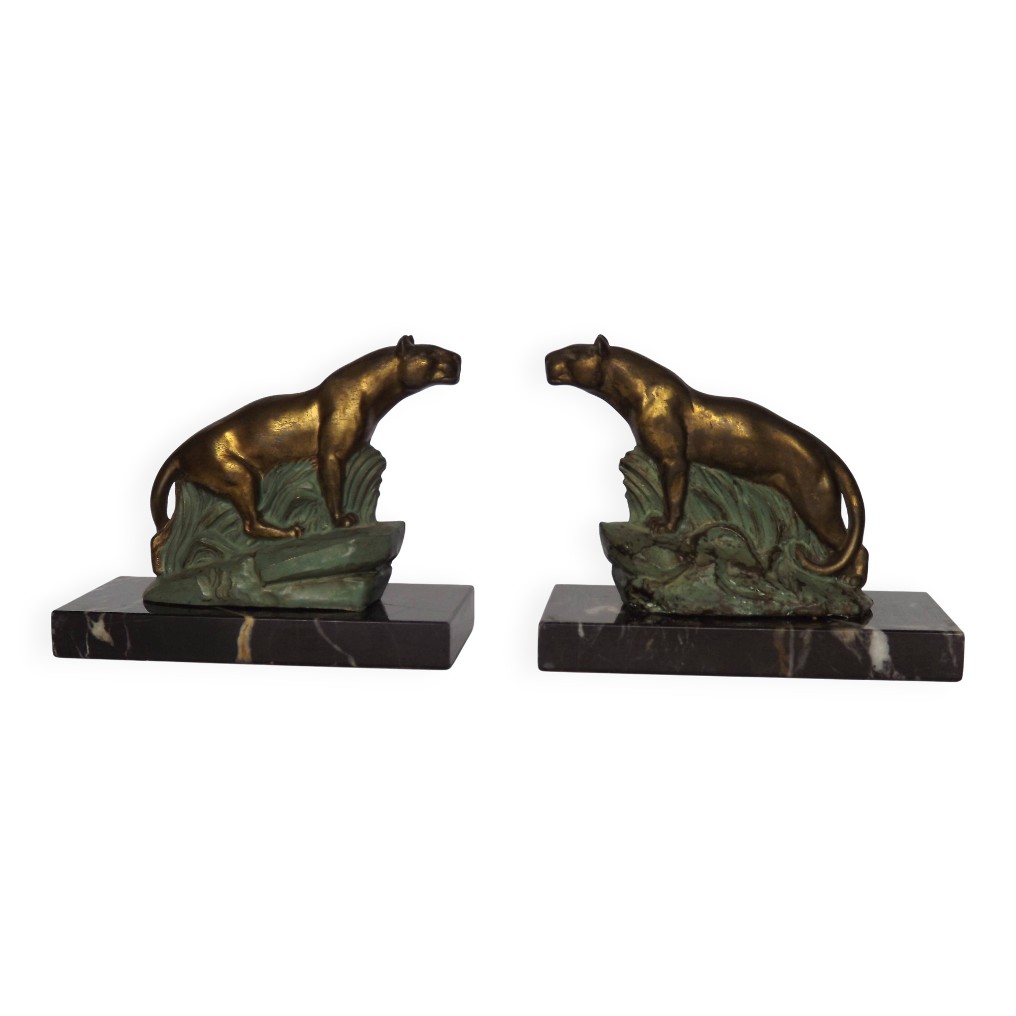 Vintage French Art Deco Panther Book Ends - Marble and Metal Bookends