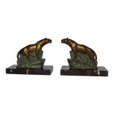 Vintage French Art Deco Panther Book Ends - Marble and Metal Bookends