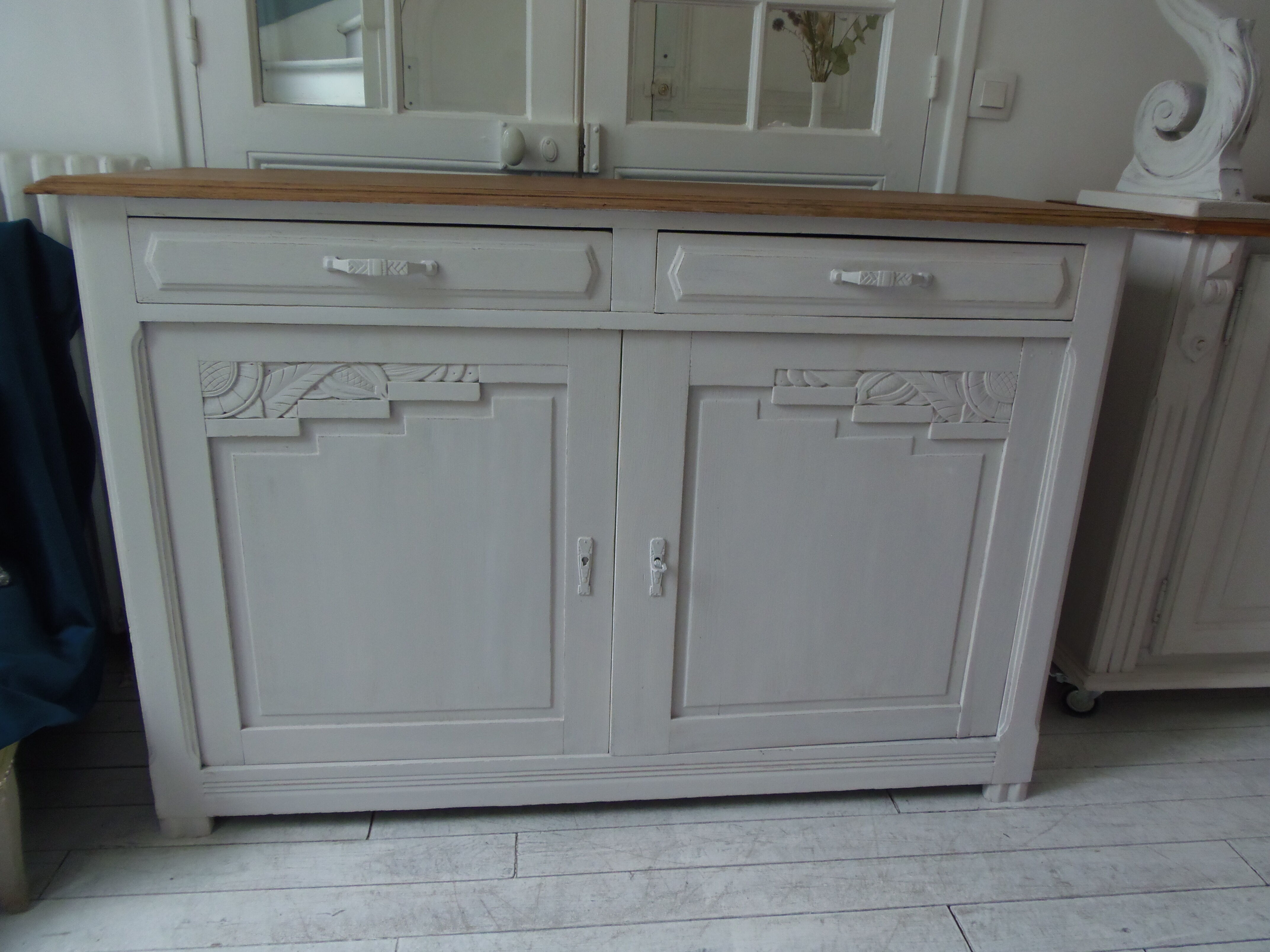 Art Deco sideboard patinated pearl gray, oak top.