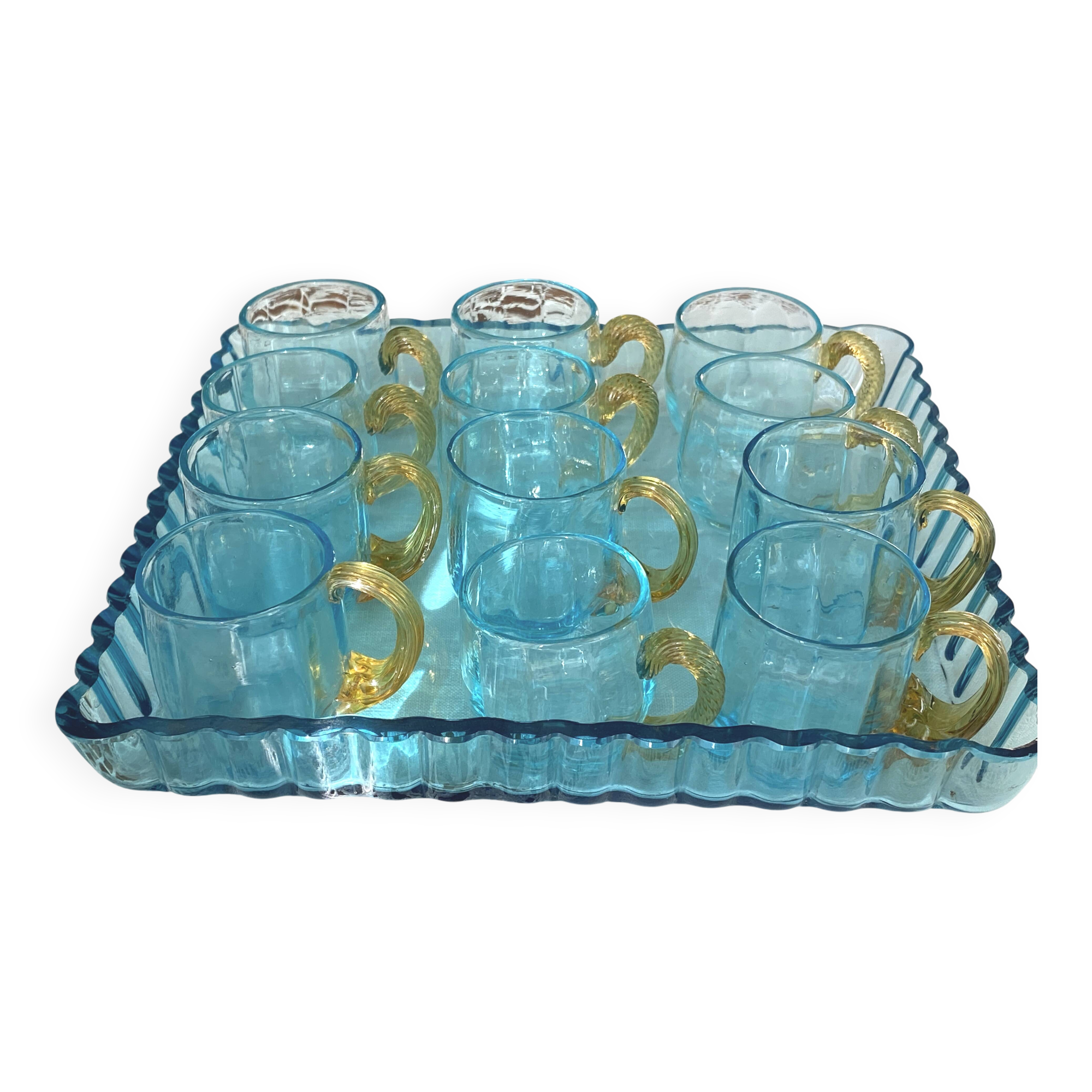 Antique Georges Sand blue and amber liqueur set - 12 glasses and tray