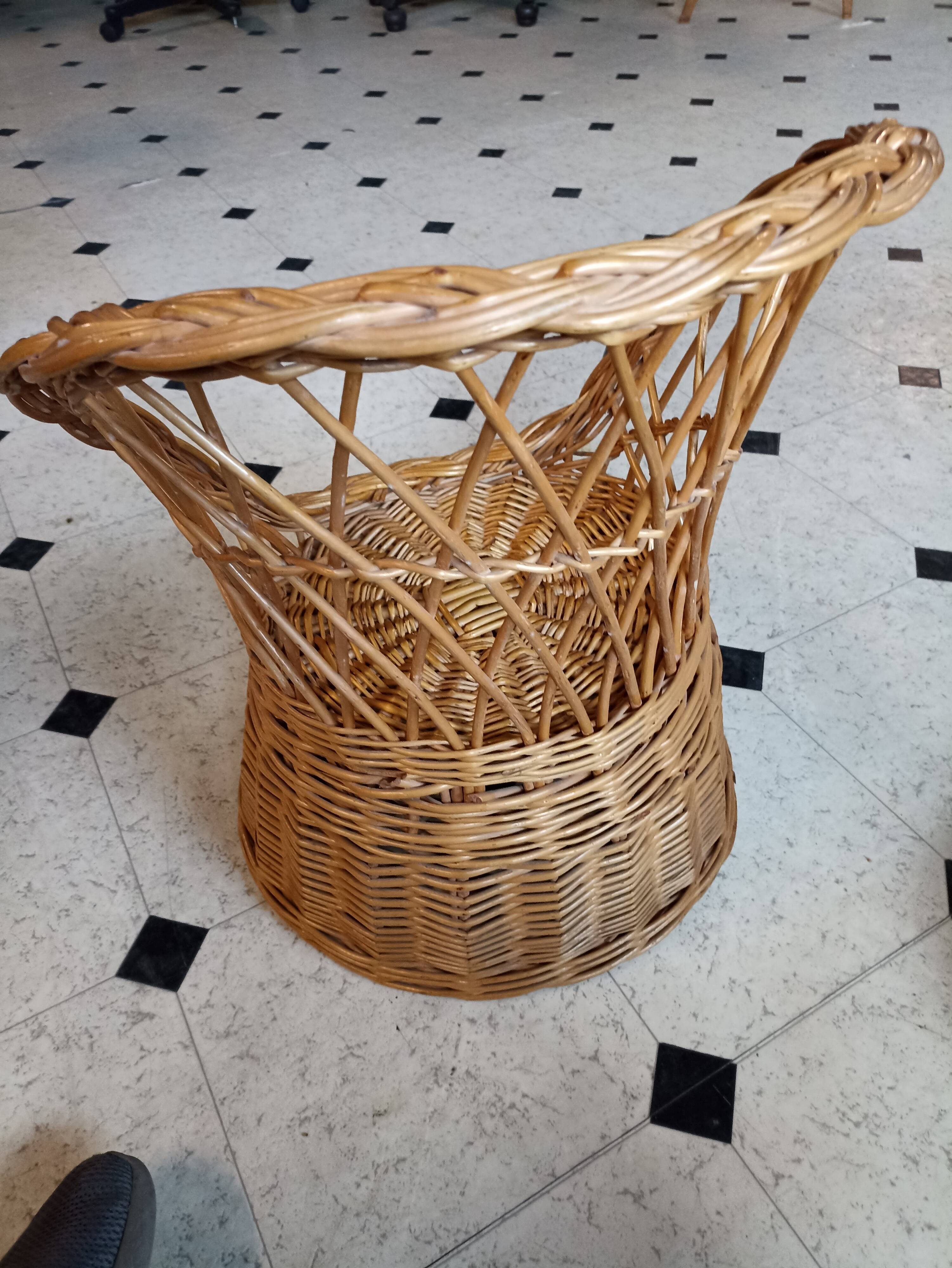 Set of 2 vintage 1970s rattan children's armchairs with orange cushions
