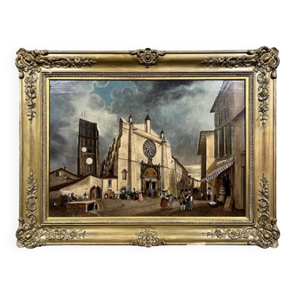 19th century French School: large oil on panel with a superb gilded wood frame