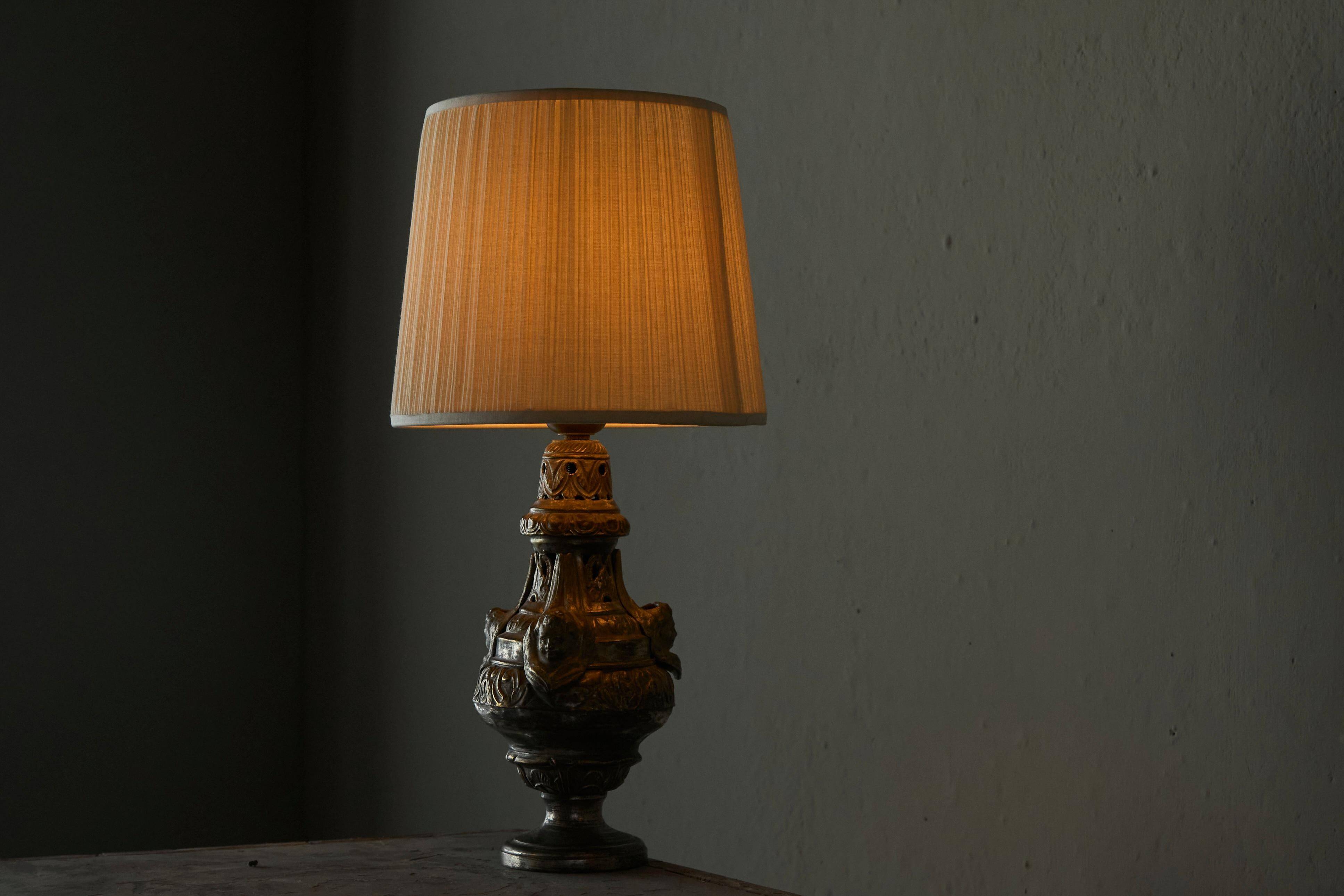 Antique Table Lamp in Patinated Brass and Silver, 19th Century