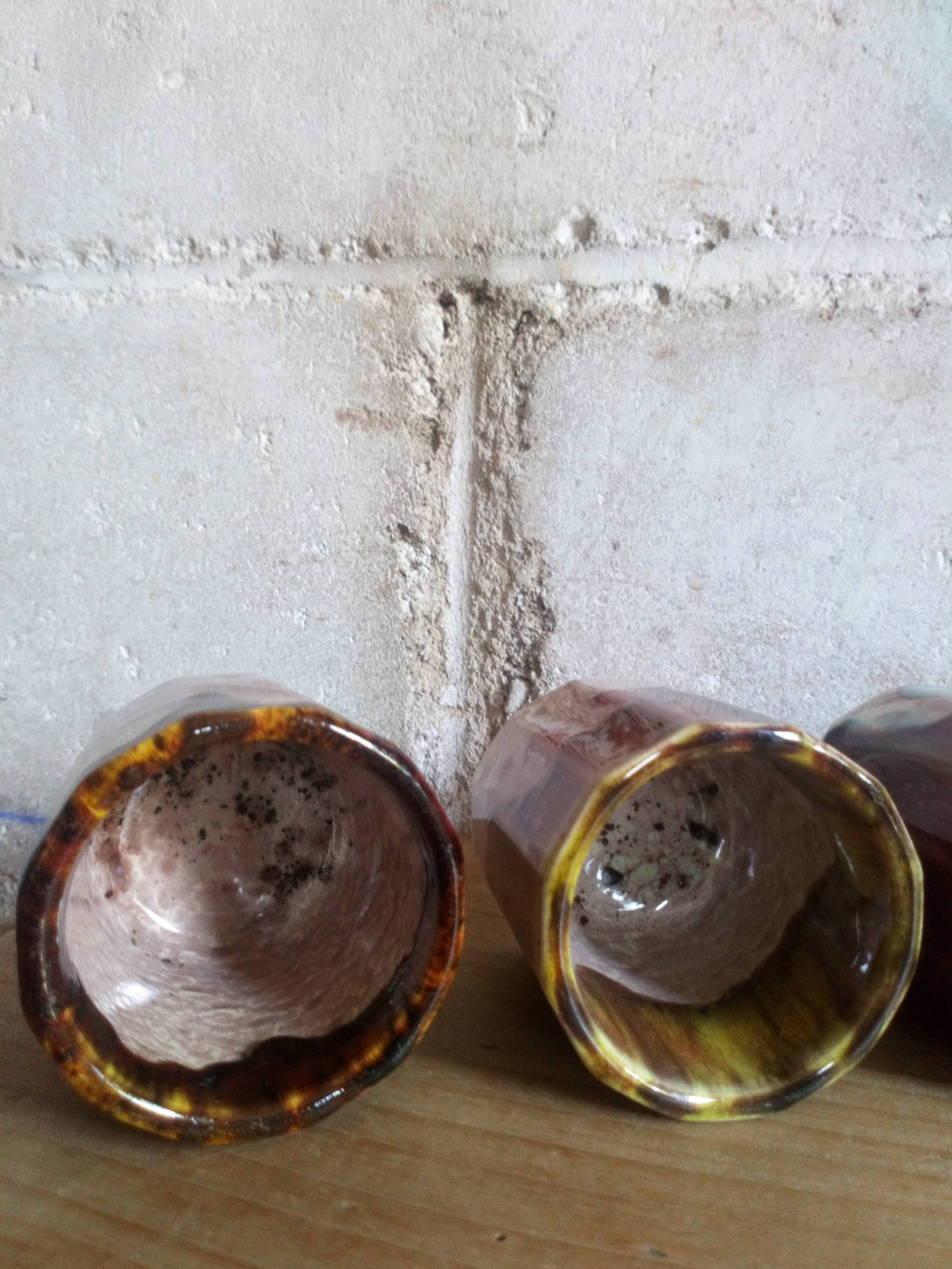 Six old yoghurt pots in enamelled porcelain