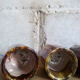 Six old yoghurt pots in enamelled porcelain