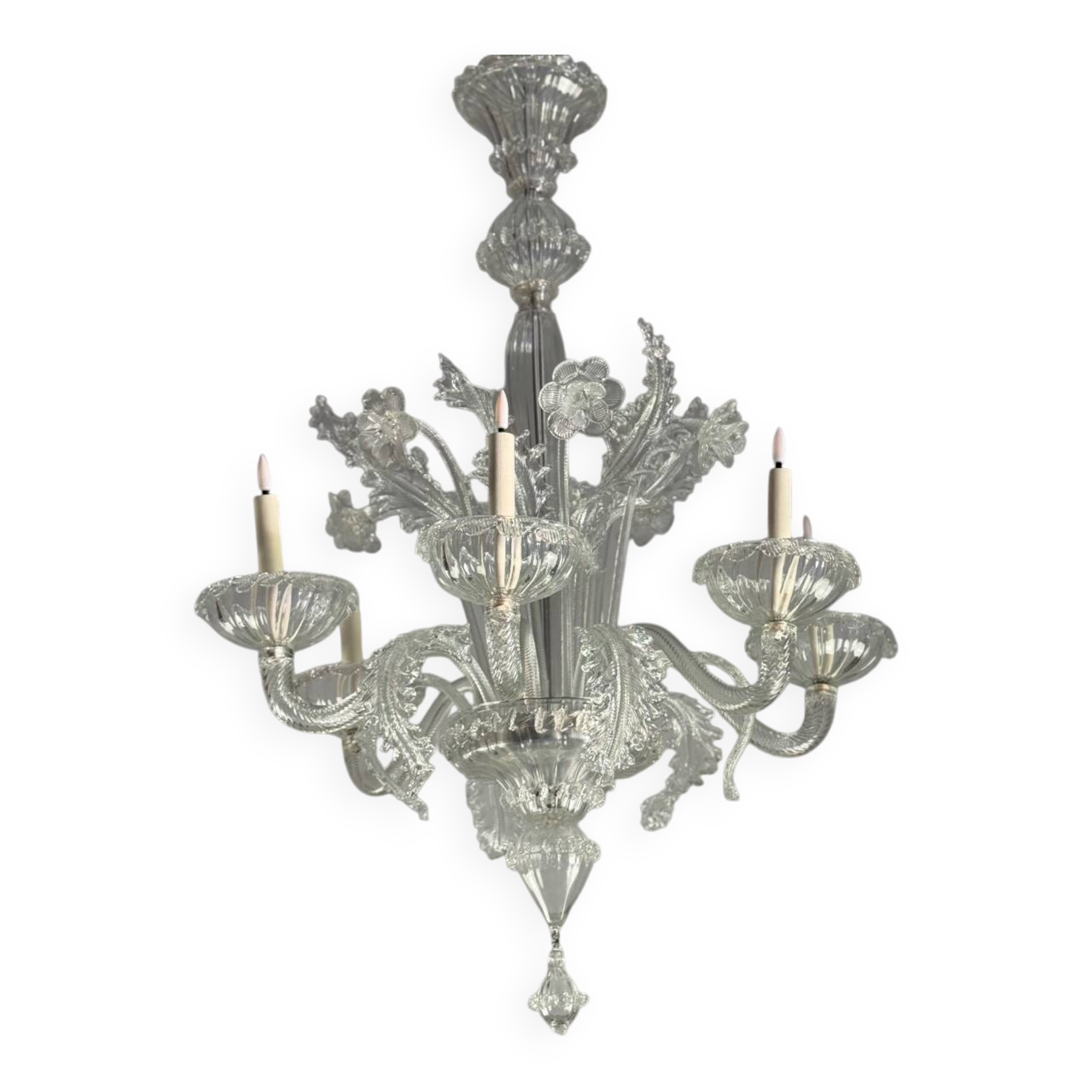 Venetian chandelier in colorless Murano glass, 6 light arms, circa 1940