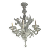 Lustre vénitien en verre de Murano incolore, 6 bras de lumière, vers 1940
