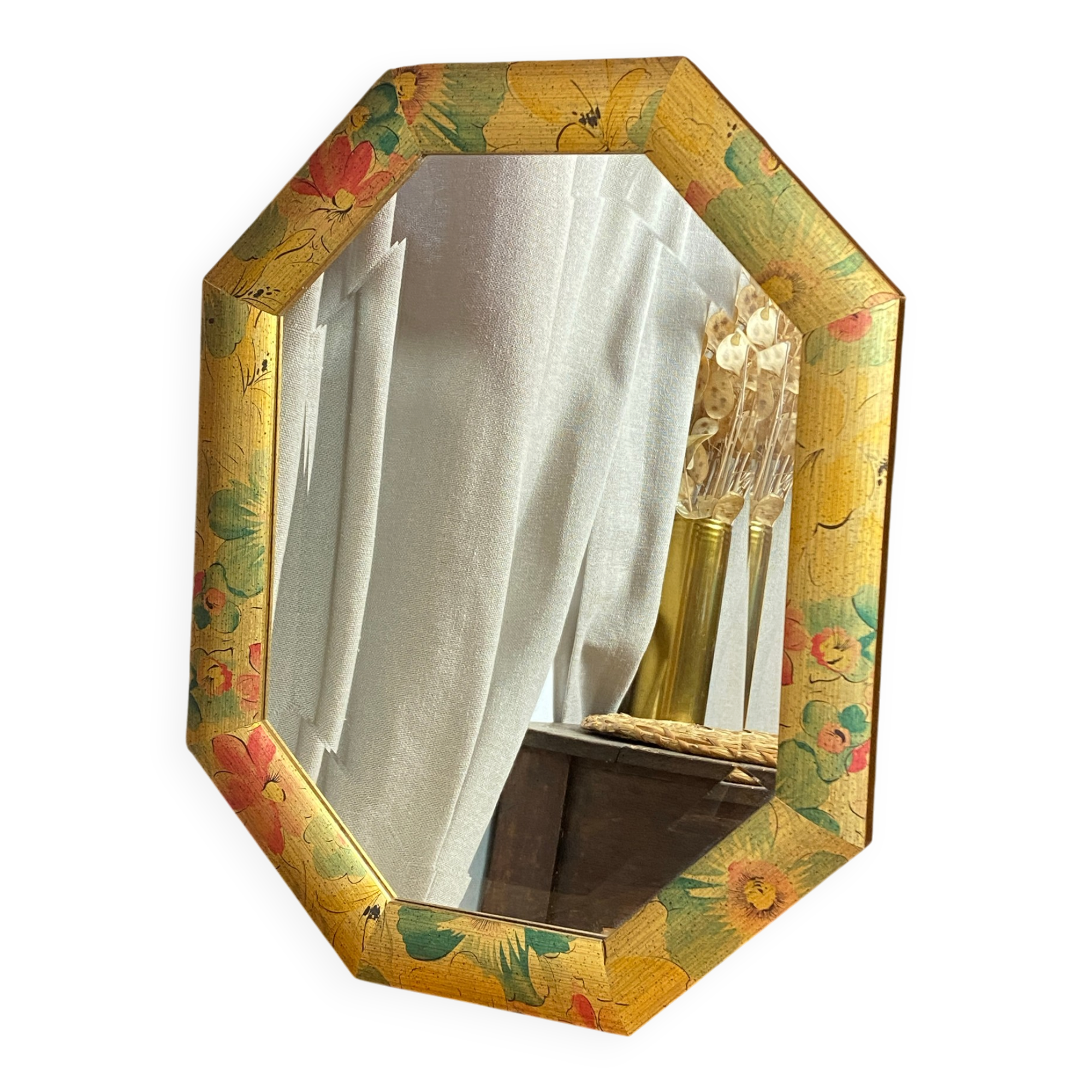 Miroir biseauté, de forme octogonale, en bois