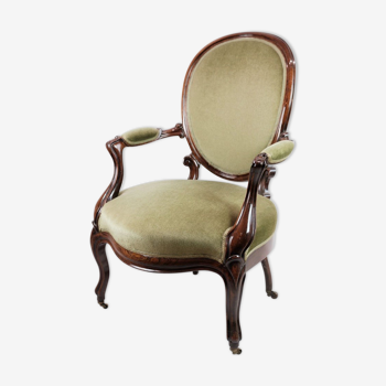 Neo-Rococo Armchair in Mahogany with Brand Green Velour Upholstery