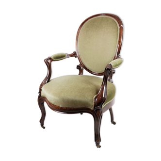 Neo-Rococo Armchair in Mahogany with Brand Green Velour Upholstery