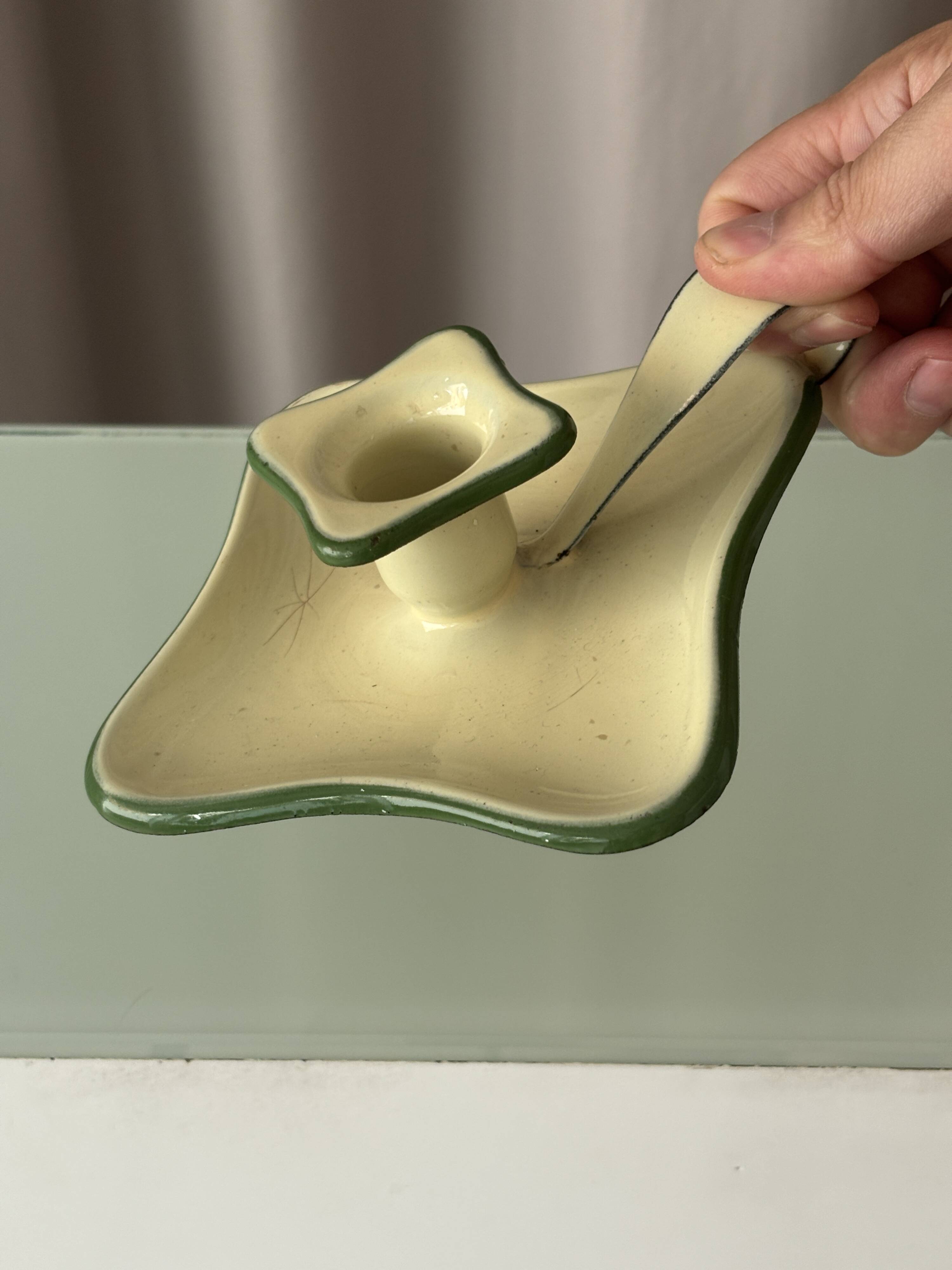 Vintage Belgian Enamel Chamberstick Candle Holder – Cream & Green