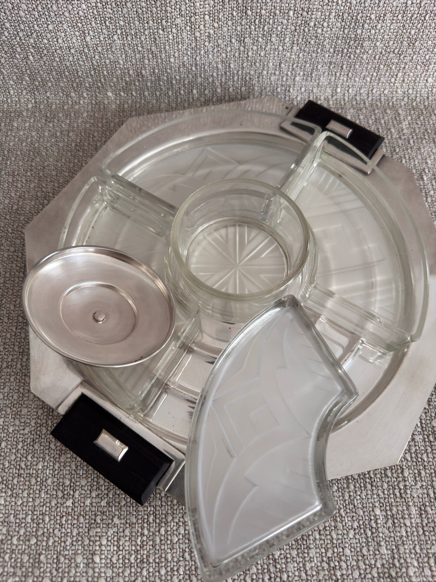 Art Deco silver-plated metal and glass serving platter for appetizers.